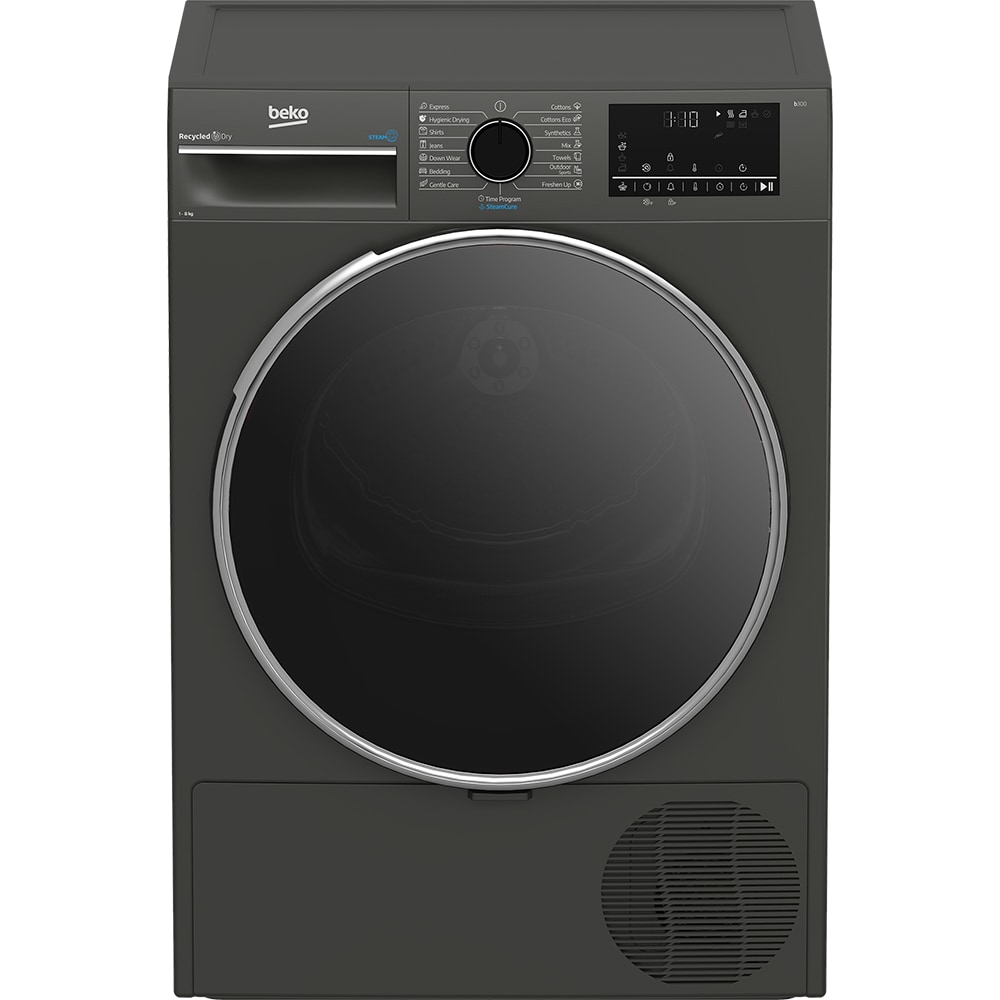 Uscator de rufe BEKO B3T68239MG EU, Steam Cure, Pompa de caldura, 8 kg, 15 programe, Clasa D, gri inchis