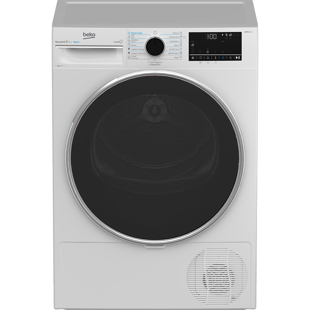 Uscator de rufe BEKO B5T68247, SteamCure, Condensare si pompa de caldura, 8 kg, 15 programe, Clasa C, alb