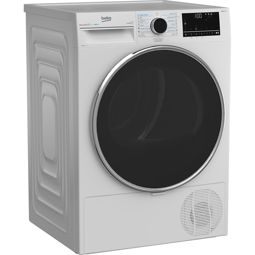 Uscator de rufe BEKO B5T68247, SteamCure, Condensare si pompa de caldura, 8 kg, 15 programe, Clasa C, alb
