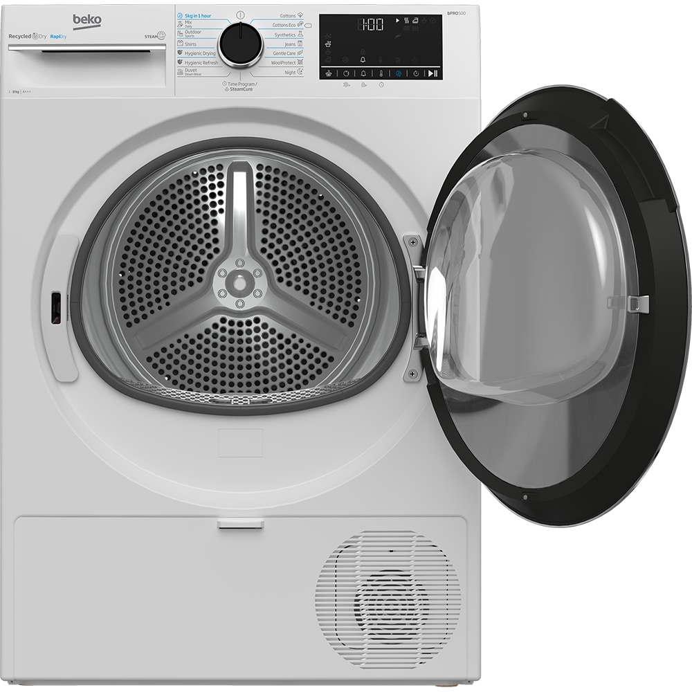 Uscator de rufe BEKO B5T68247, SteamCure, Condensare si pompa de caldura, 8 kg, 15 programe, Clasa C, alb
