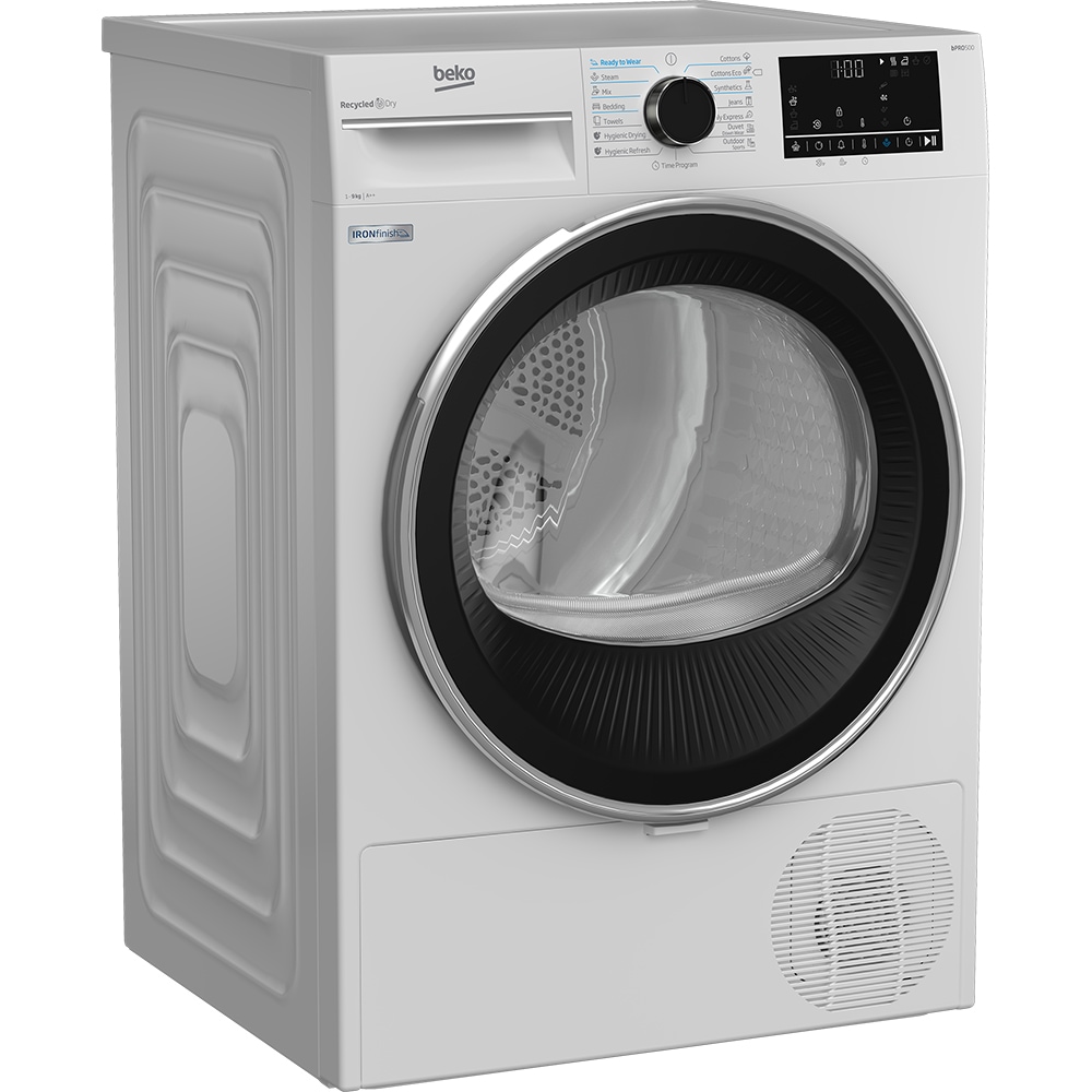 Uscator de rufe BEKO B5T69233, AquaWave, Pompa de caldura, 9 kg, 15 programe, Clasa D, alb