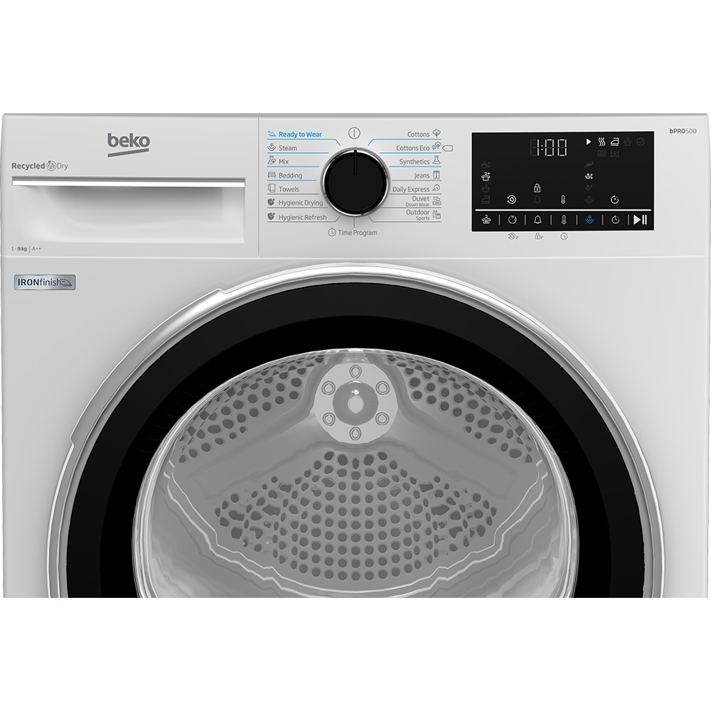 Uscator de rufe BEKO B5T69233, AquaWave, Pompa de caldura, 9 kg, 15 programe, Clasa D, alb