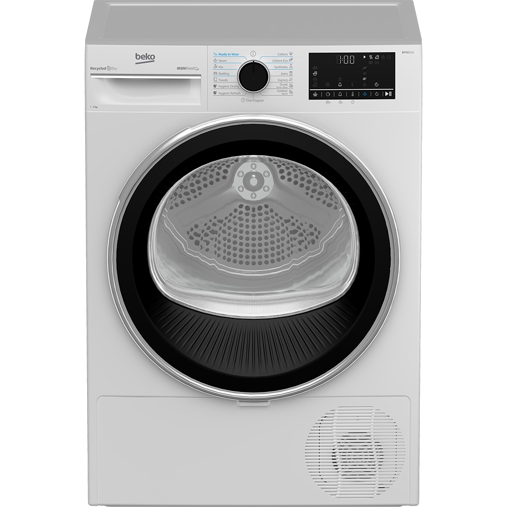 Uscator de rufe BEKO B5T69233, AquaWave, Pompa de caldura, 9 kg, 15 programe, Clasa D, alb
