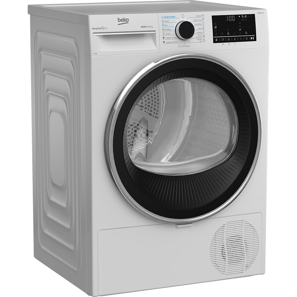 Uscator de rufe BEKO B5T69233, AquaWave, Pompa de caldura, 9 kg, 15 programe, Clasa D, alb