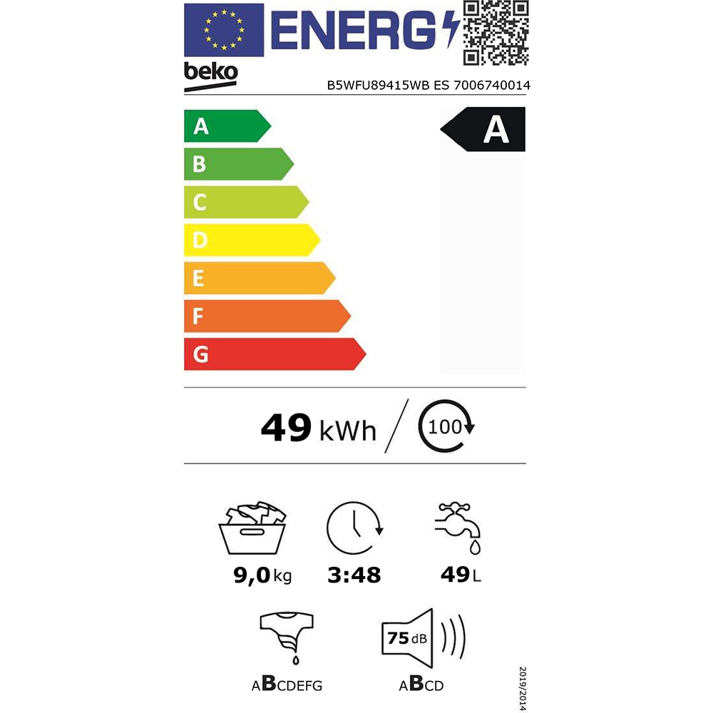 Masina de spalat rufe frontala BEKO B5WFU89415WB ES, EnergySpin, SteamCure, 9 kg, 1400rpm, Clasa A, Wi-Fi, alb