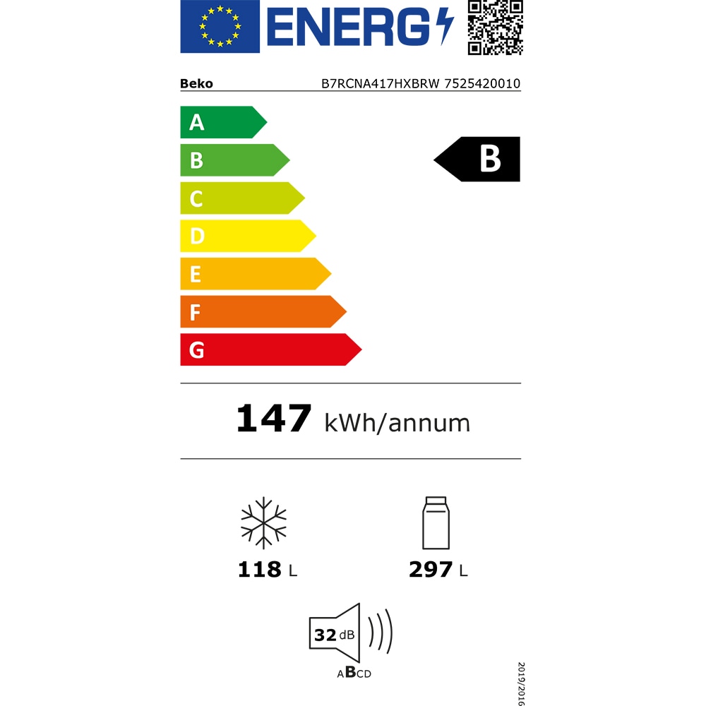 Combina frigorifica BEKO B7RCNA417HXBRW, No Frost, 415 l, H 203.5 cm, Clasa B, dark inox