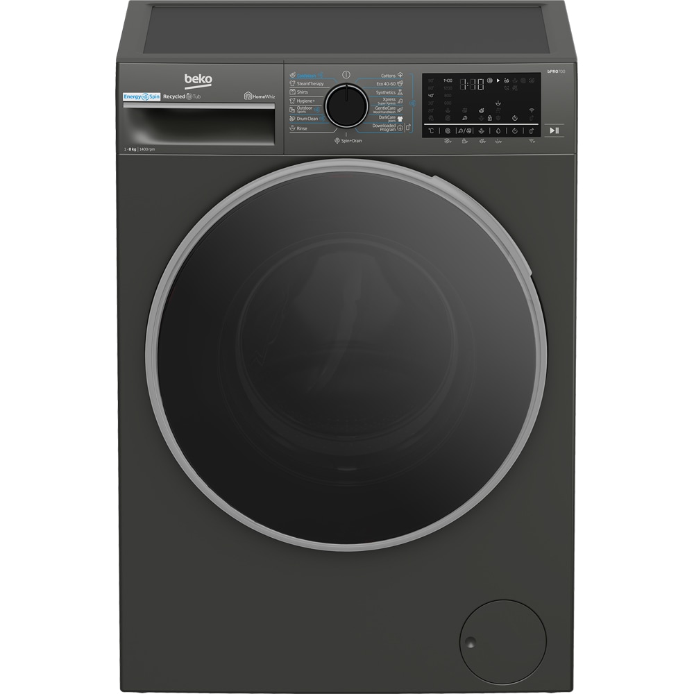 Masina de spalat rufe frontala BEKO B7WFU68418MB2 ES, EnergySpin, SteamCure, 8 kg, 1400rpm, Clasa A, Wi-Fi, gri inchis