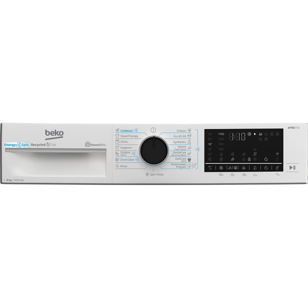 Masina de spalat rufe frontala BEKO B7WFU68418WB2 ES, EnergySpin, SteamCure, 8 kg, 1400rpm, Clasa A, Wi-Fi, alb