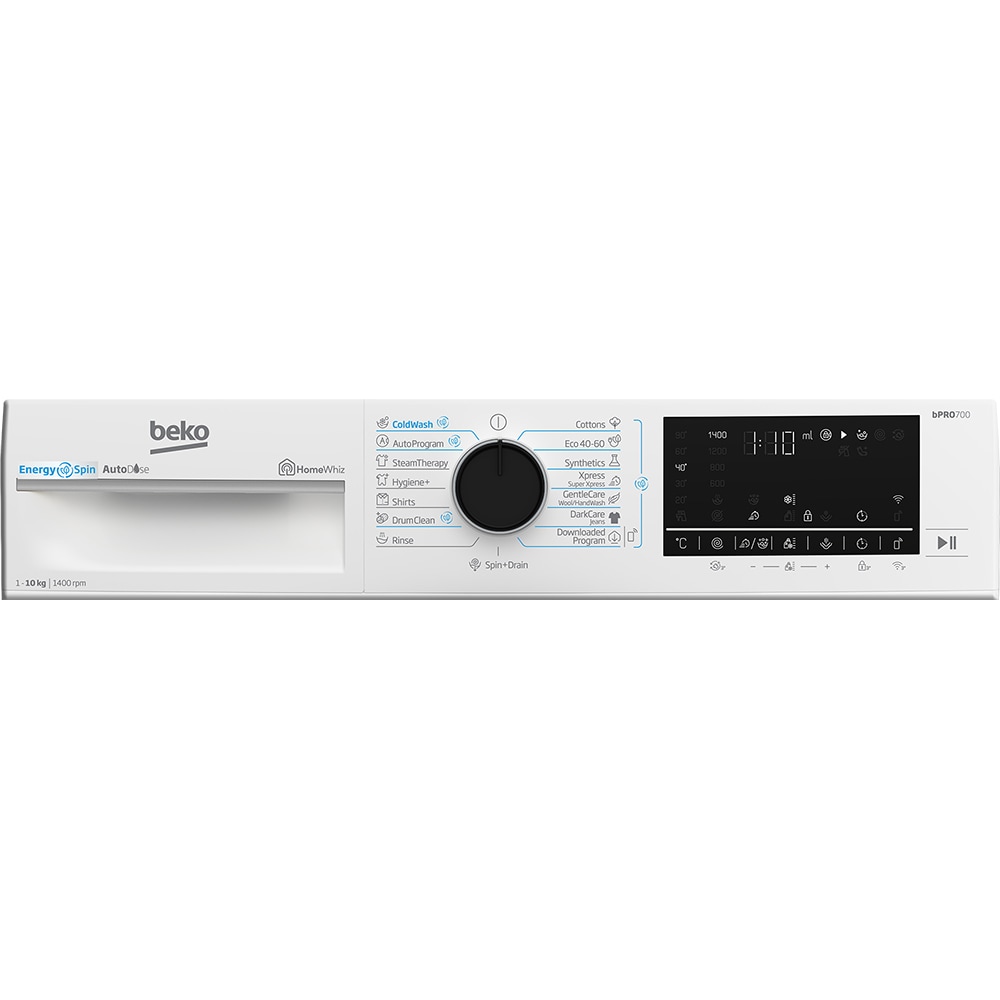Masina de spalat rufe frontala BEKO B7WFU810416WB2 ES, EnergySpin, SteamCure, 10 kg, 1400rpm, Clasa A, Wi-Fi, alb