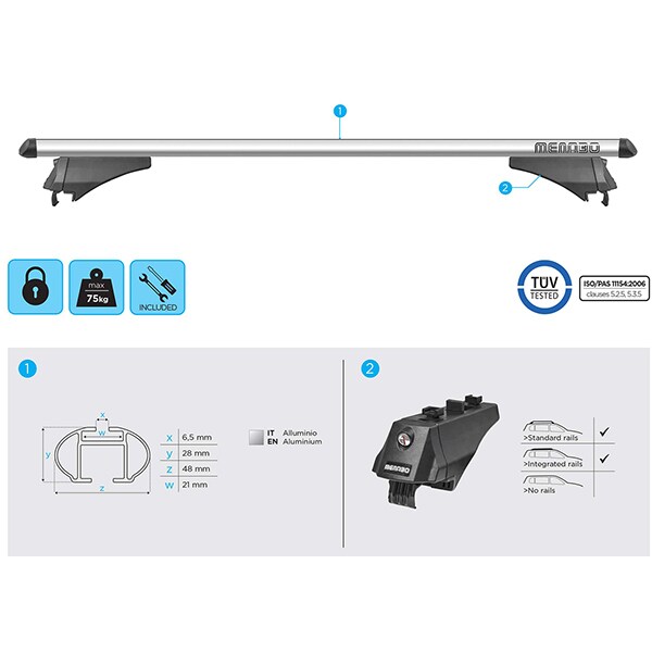 Bare transversale MENABO Tiger, Toyota Auris, Corolla (E180) Touring Sports, 2013-2015, 120 cm