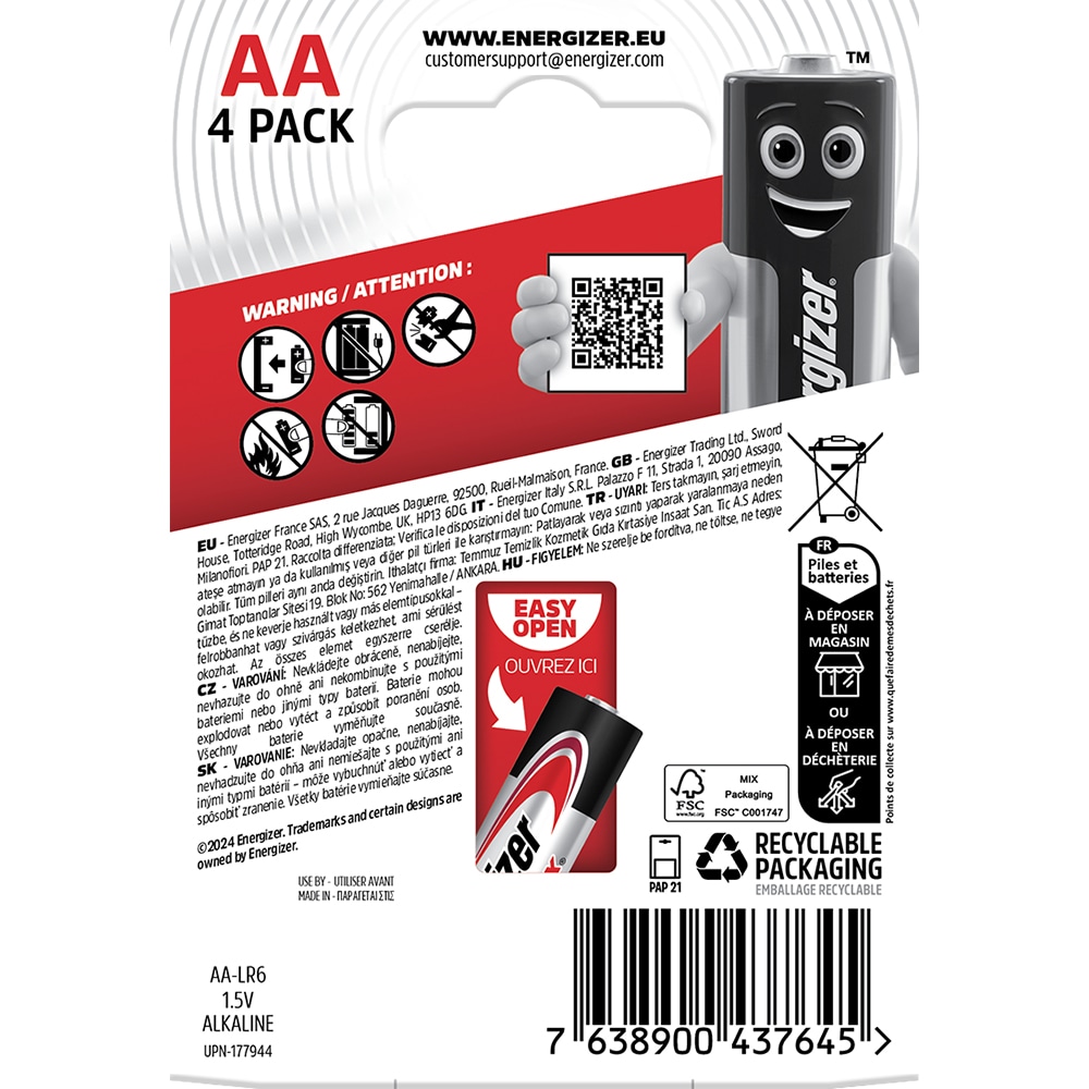 Baterii alcaline ENERGIZER AA, 1.5V, 4 bucati