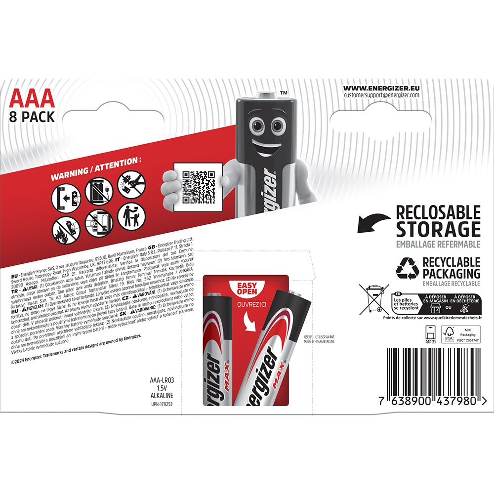 Baterii alcaline ENERGIZER AAA, 1.5V, 8 bucati