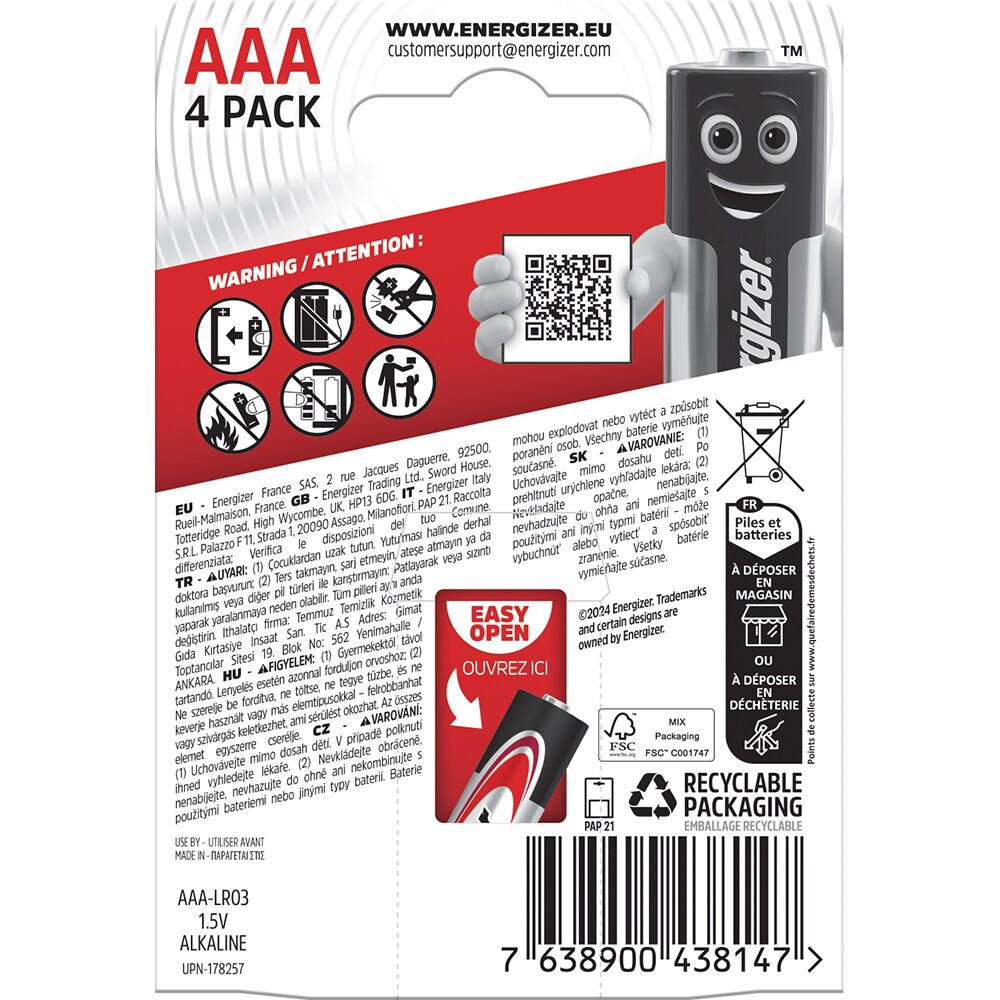 Baterii alcaline ENERGIZER AAA, 1.5V, 4 bucati