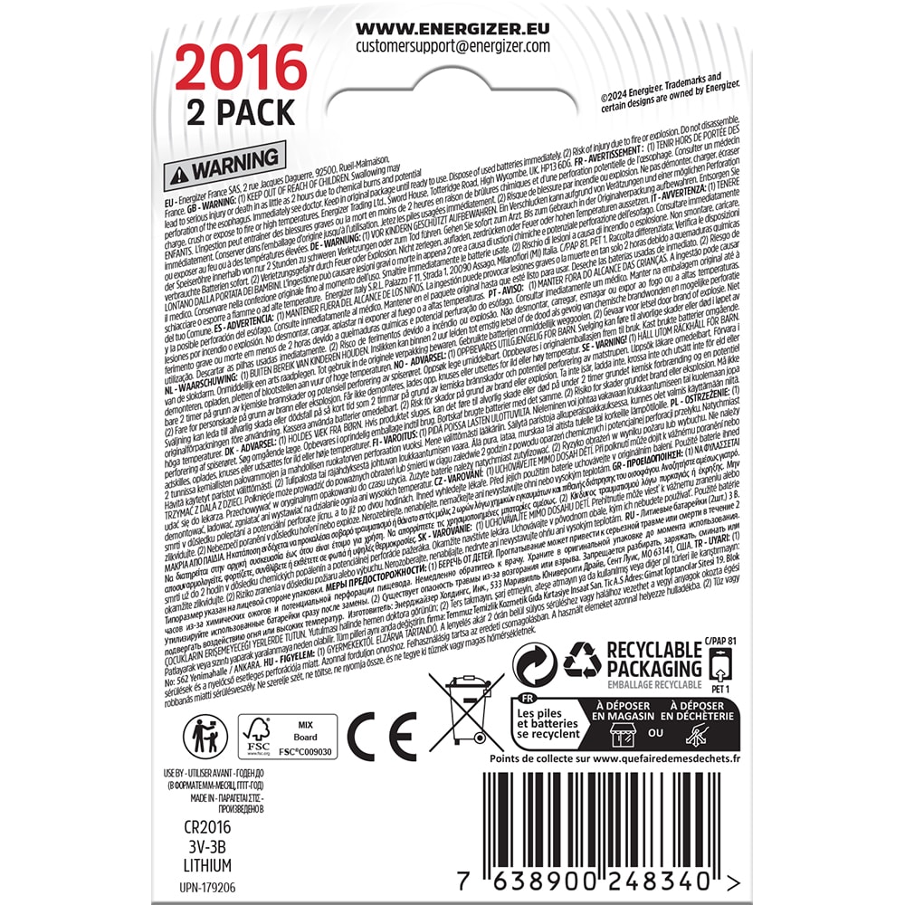Baterii litiu ENERGIZER CR2016, 3 V, 2 bucati