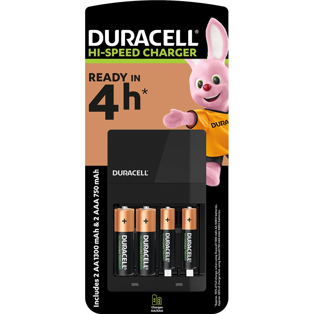 Incarcator DURACELL CEF14 81546851, 2 acumulatori AA 1300mAh, 2 acumulatori AAA 750 mAh, negru
