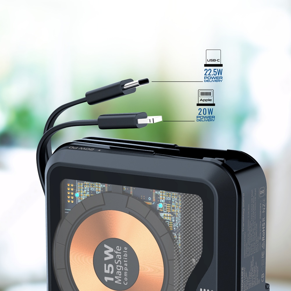 Baterie externa wireless PROMATE TransMag-20Pro, 10000mAh, 1xUSB-C, 1xUSB-A, 1xLightning, 22.5W, negru