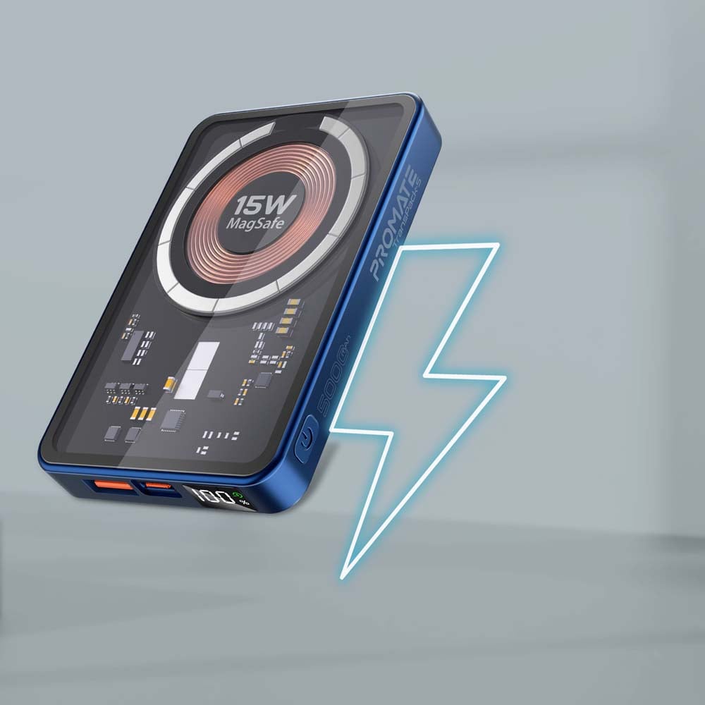 Baterie externa wireless PROMATE TransPack-5, 5000mAh, 1x USB-C Power Delivery (PD) 20W, 1x USB-A Quick charge 3.0 22.5W, Wireless QI 15W, albastru