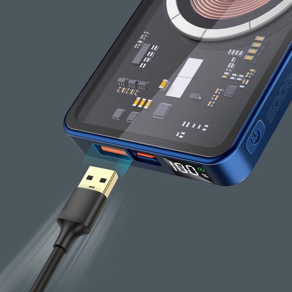Baterie externa wireless PROMATE TransPack-5, 5000mAh, 1x USB-C Power Delivery (PD) 20W, 1x USB-A Quick charge 3.0 22.5W, Wireless QI 15W, albastru