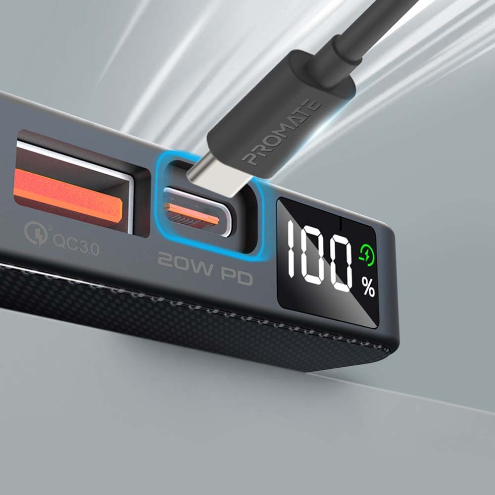 Baterie externa wireless PROMATE TransPack-5, 5000mAh, 1x USB-C Power Delivery (PD) 20W, 1x USB-A Quick charge 3.0 22.5W, Wireless QI 15W, negru