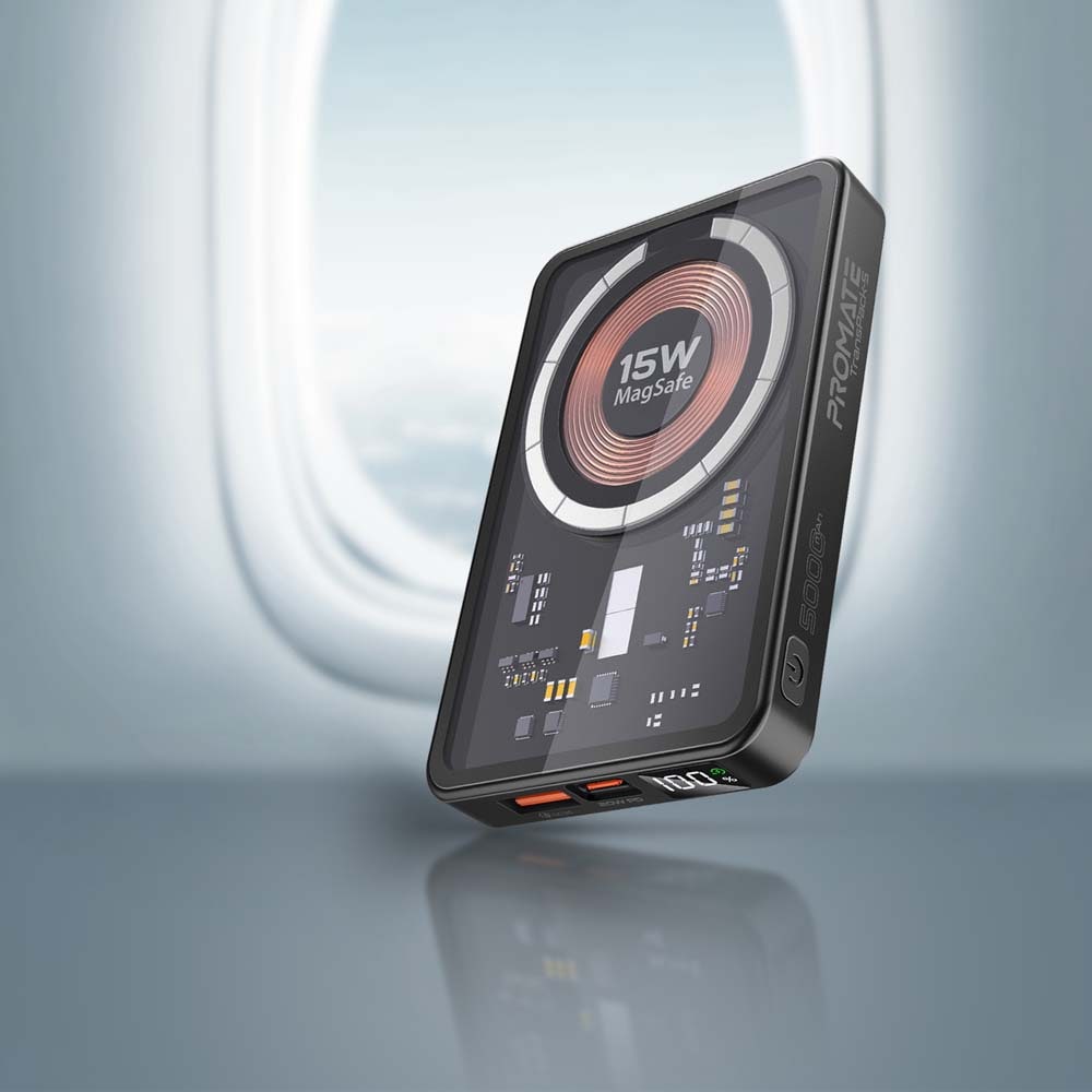 Baterie externa wireless PROMATE TransPack-5, 5000mAh, 1x USB-C Power Delivery (PD) 20W, 1x USB-A Quick charge 3.0 22.5W, Wireless QI 15W, negru