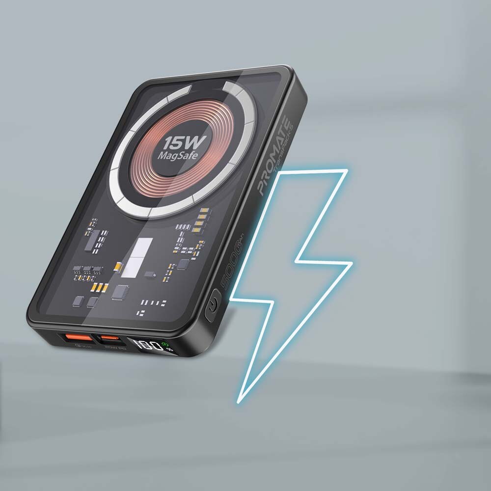 Baterie externa wireless PROMATE TransPack-5, 5000mAh, 1x USB-C Power Delivery (PD) 20W, 1x USB-A Quick charge 3.0 22.5W, Wireless QI 15W, negru
