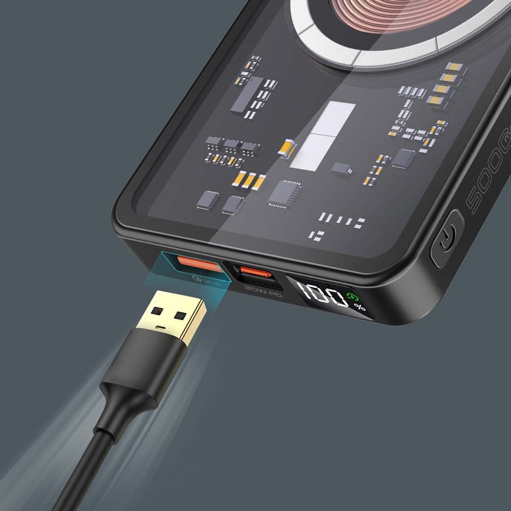 Baterie externa wireless PROMATE TransPack-5, 5000mAh, 1x USB-C Power Delivery (PD) 20W, 1x USB-A Quick charge 3.0 22.5W, Wireless QI 15W, negru