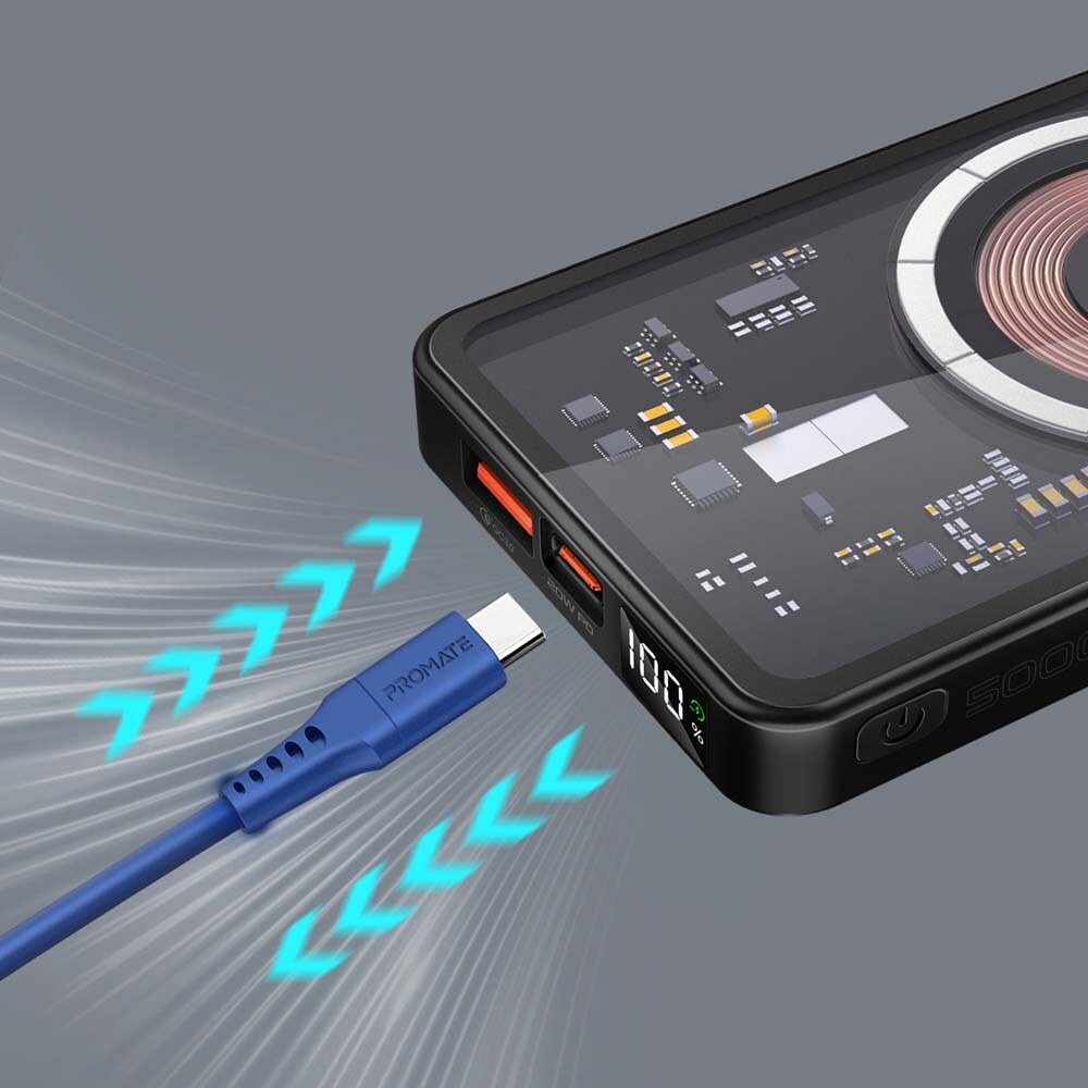 Baterie externa wireless PROMATE TransPack-5, 5000mAh, 1x USB-C Power Delivery (PD) 20W, 1x USB-A Quick charge 3.0 22.5W, Wireless QI 15W, negru