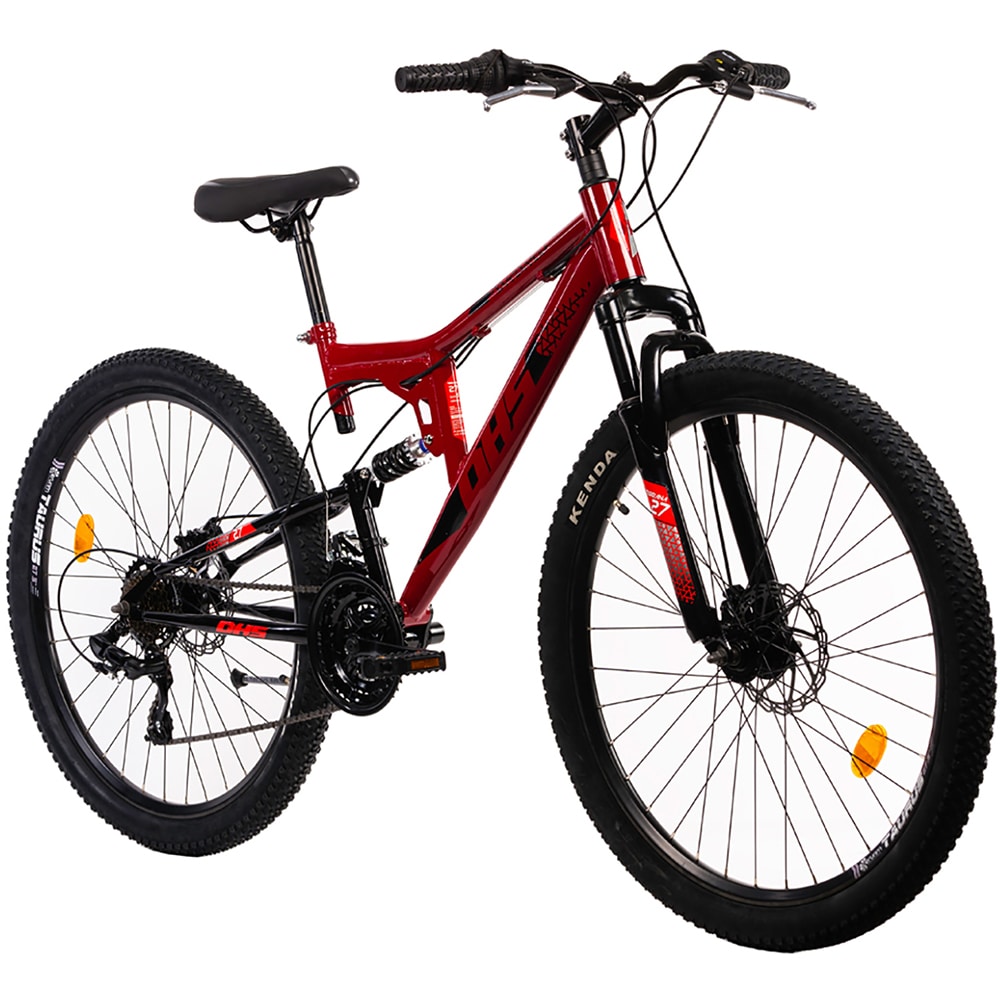 Bicicleta MTB DHS Terrana 2743 FS M, roata 27.5", 21 viteze, schimbator Shimano, frana disc mecanica, rosu