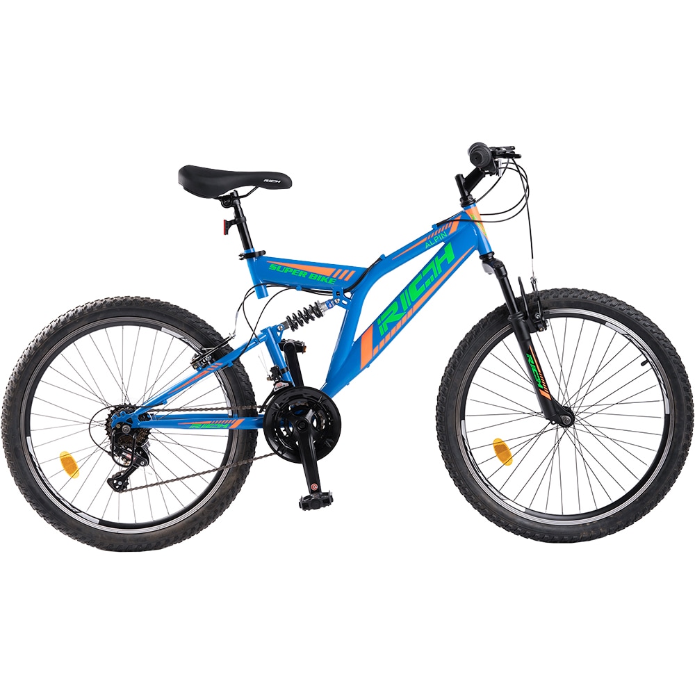Bicicleta MTB RICH FS R2449A, roata 24", 18 viteze, schimbator Saiguan, frana V mecanica, albastru