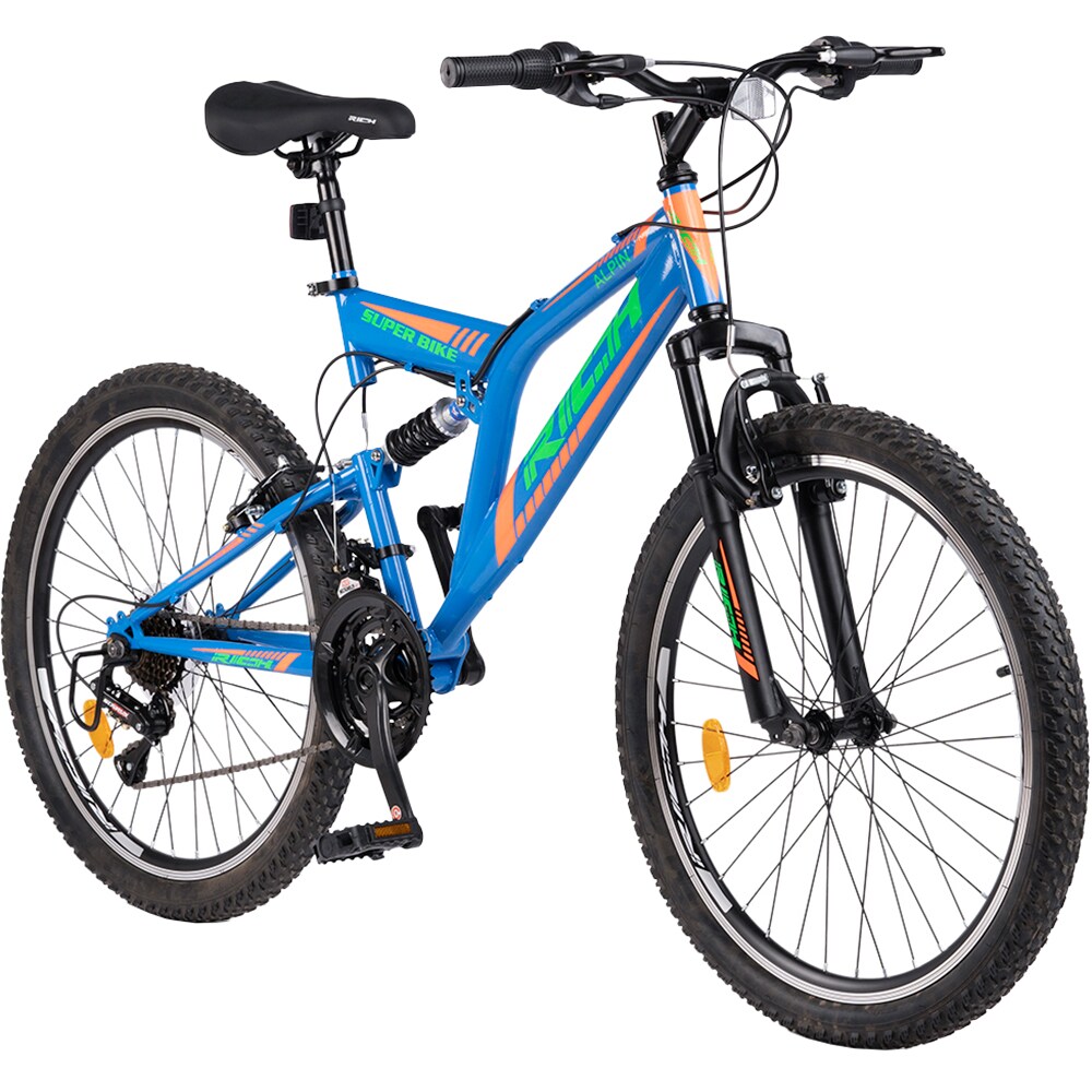 Bicicleta MTB RICH FS R2449A, roata 24", 18 viteze, schimbator Saiguan, frana V mecanica, albastru