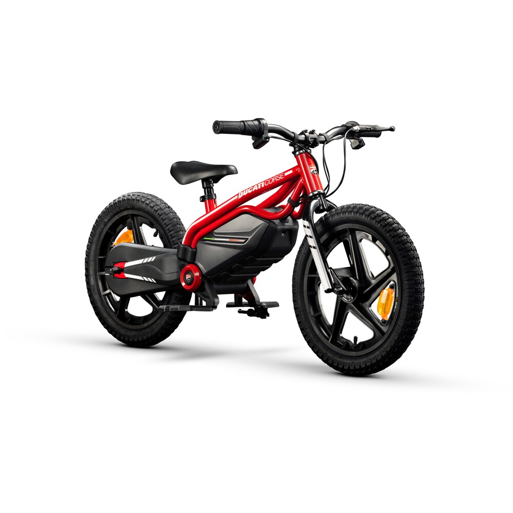 Bicicleta asistata electric fara pedale DUCATI E-MOTO Kids e-bike, roata 16", motor 150W, viteza max 16 Km/h, negru-rosu