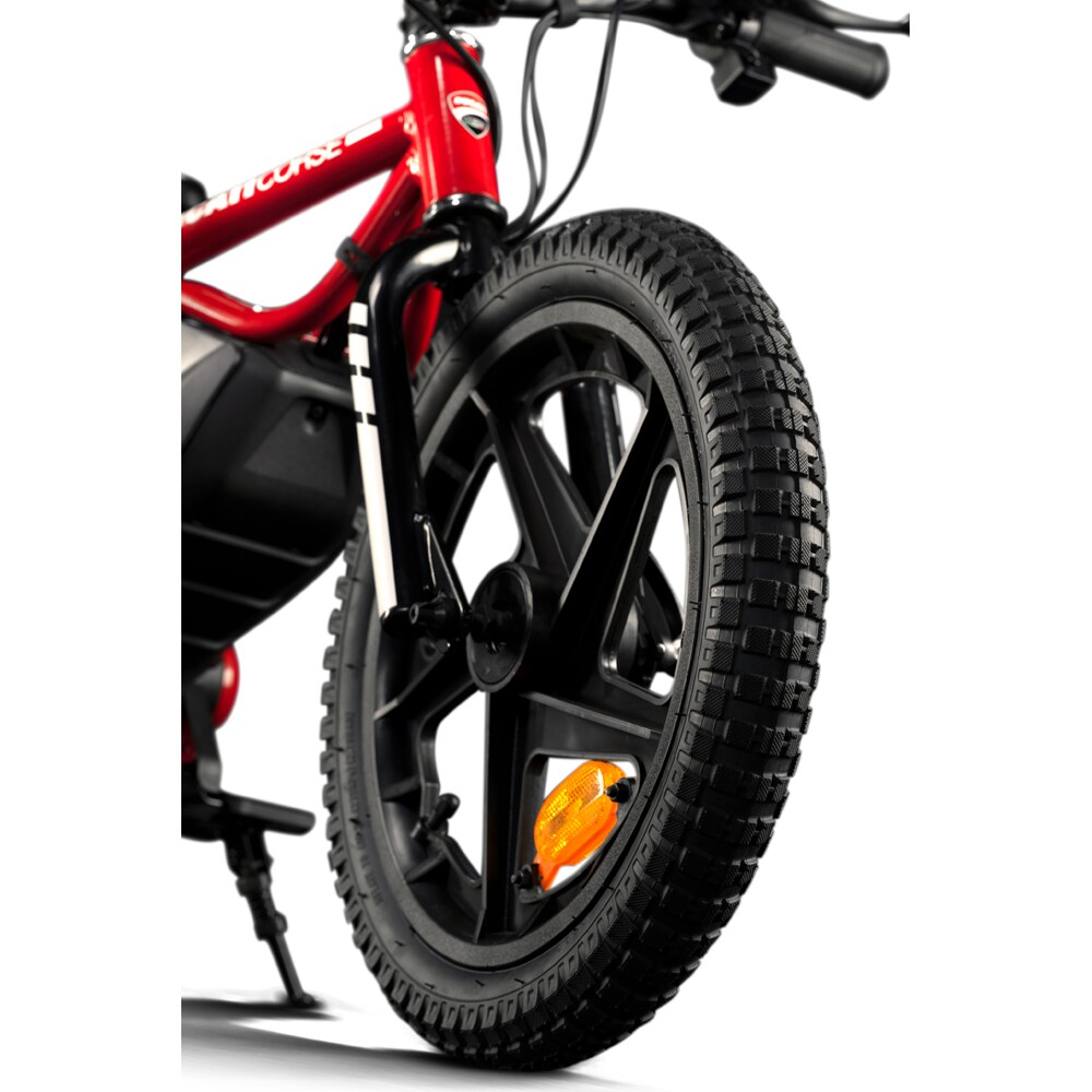 Bicicleta asistata electric fara pedale DUCATI E-MOTO Kids e-bike, roata 16", motor 150W, viteza max 16 Km/h, negru-rosu