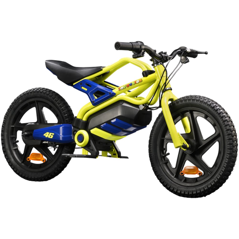 Bicicleta asistata electric fara pedale VR46 Motorbike, roata 16", motor 150W, viteza max 12 Km/h, albastru-galben