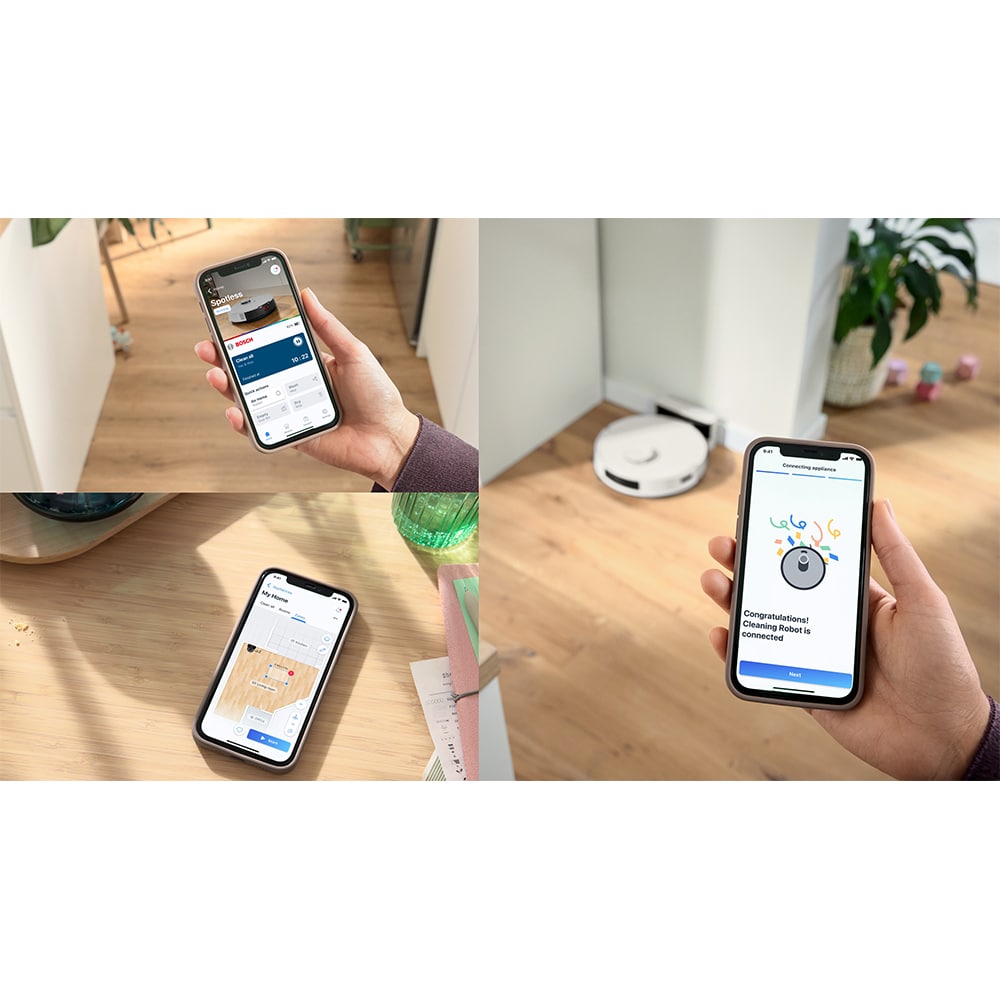 Aspirator robot BOSCH Spotless BCRC1W, 0.4l, 14.4V, autonomie max 160 min, Wi-Fi, functie mop, alb