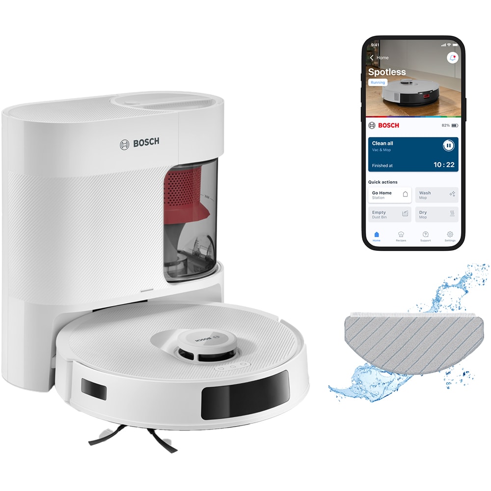 Aspirator robot BOSCH Spotless+ BCRD1W, 0.4l, 14.4V, autonomie max 160 min, Wi-Fi, functie mop, alb