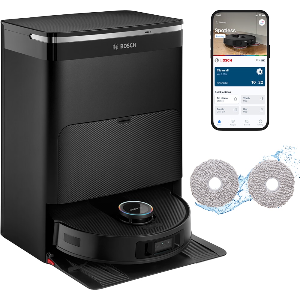 Aspirator robot BOSCH Spotless Max Cam BCRDW3BX, 0.27l, 14.4V, autonomie max 160 min, Wi-Fi, functie mop rotativ, negru