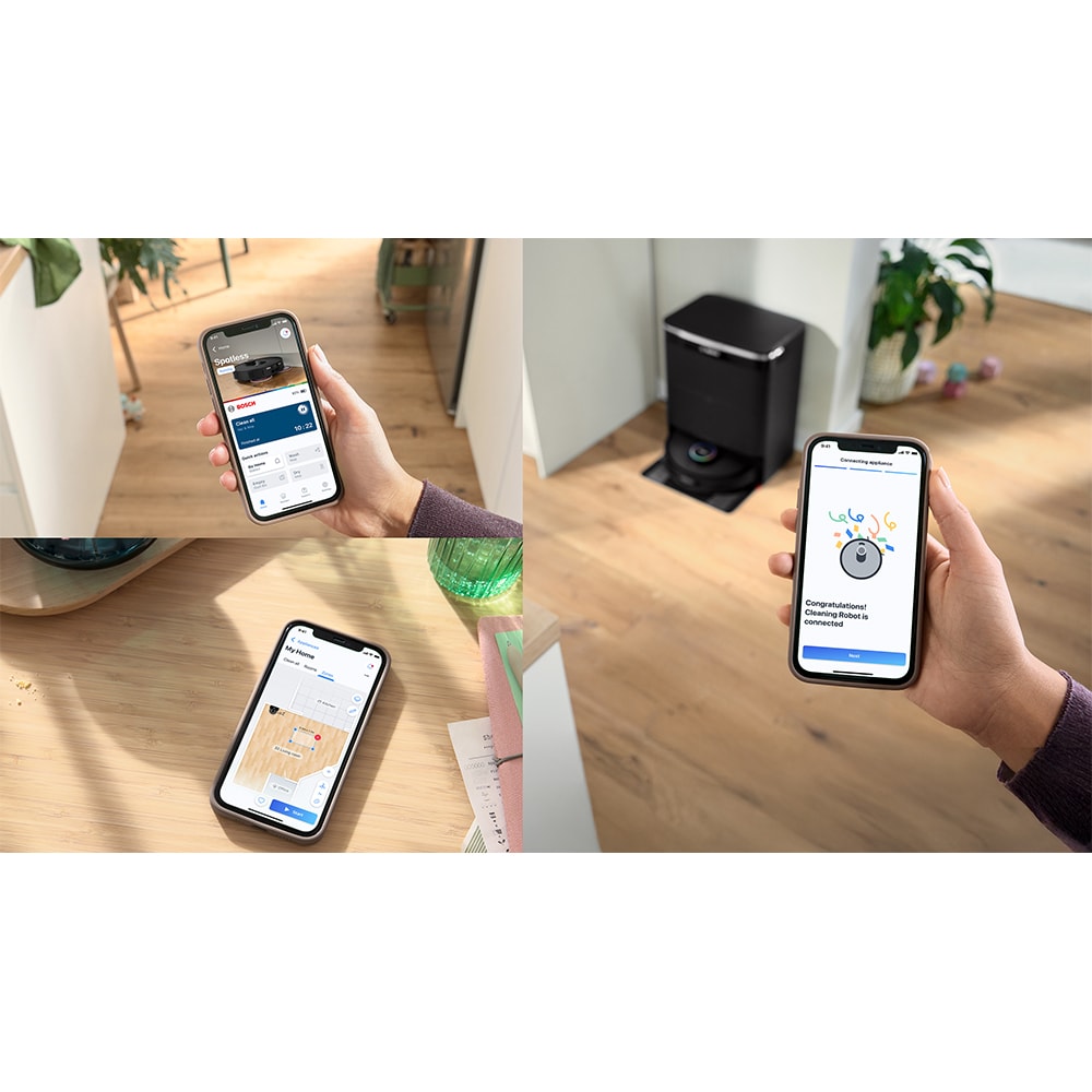 Aspirator robot BOSCH Spotless Max Cam BCRDW3BX, 0.27l, 14.4V, autonomie max 160 min, Wi-Fi, functie mop rotativ, negru