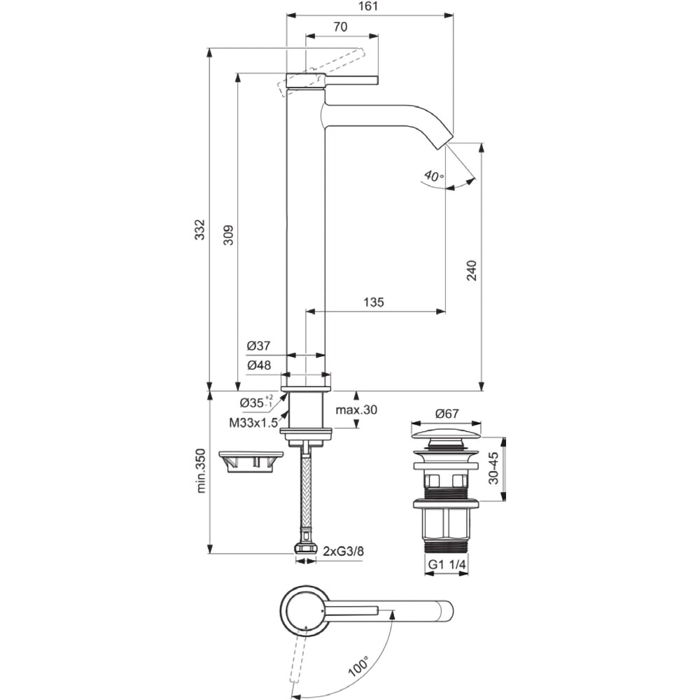 Baterie lavoar IDEAL STANDARD Ceraline Nuovo BD960XG, Pipa inalta, alama sanitara, negru mat