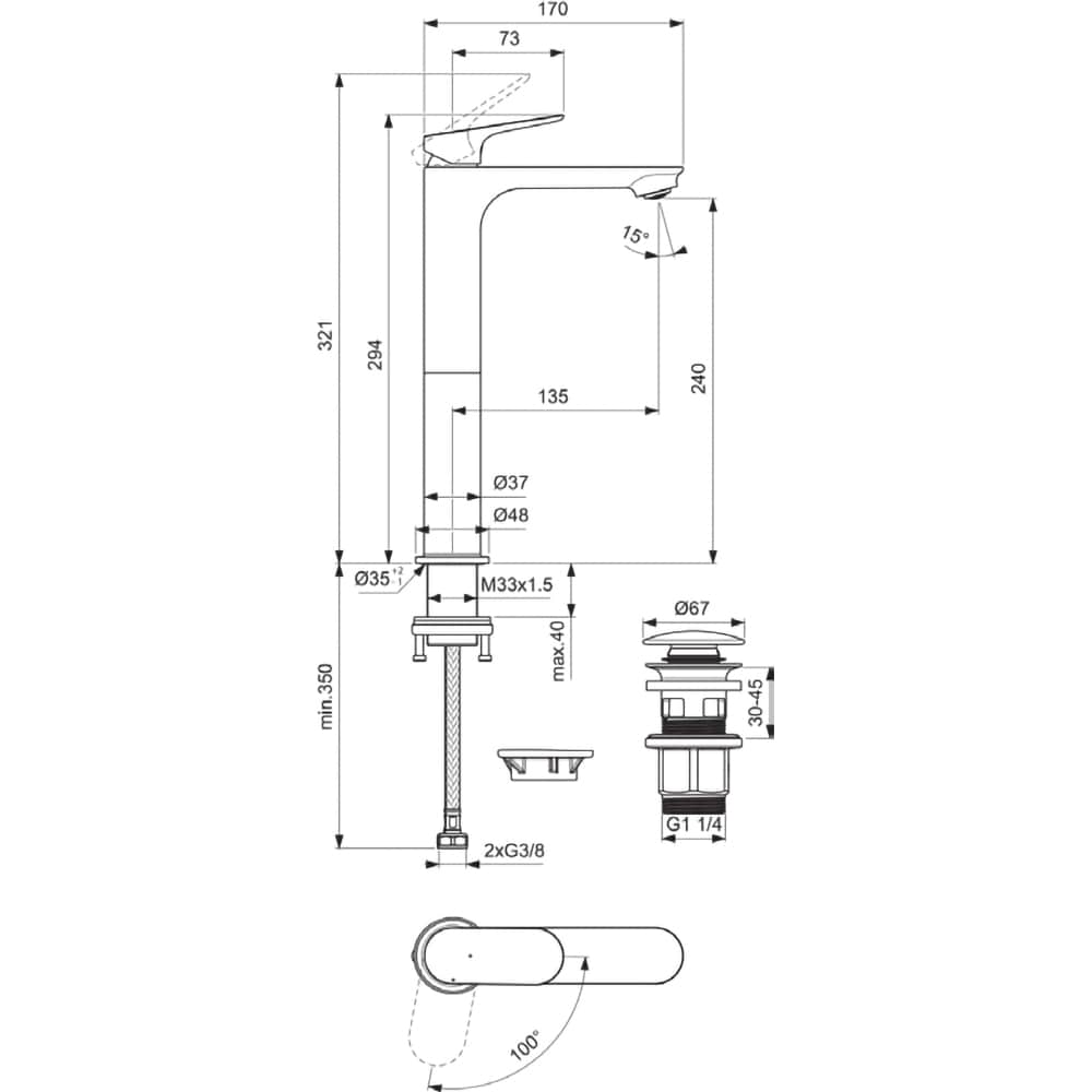 Baterie lavoar IDEAL STANDARD Ceralife O BE013XG, Pipa inalta, alama sanitara, negru mat