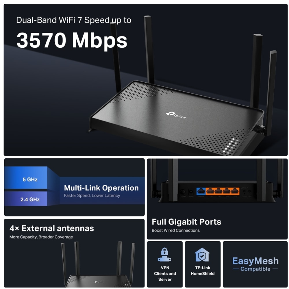 Router Wireless Gigabit TP-LINK Archer BE220 BE3600, Wi-Fi 7, Dual-Band 688 + 2882 Mbps, negru