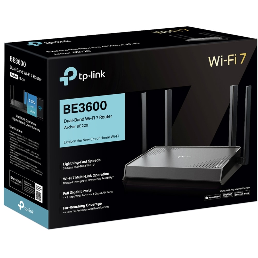 Router Wireless Gigabit TP-LINK Archer BE220 BE3600, Wi-Fi 7, Dual-Band 688 + 2882 Mbps, negru