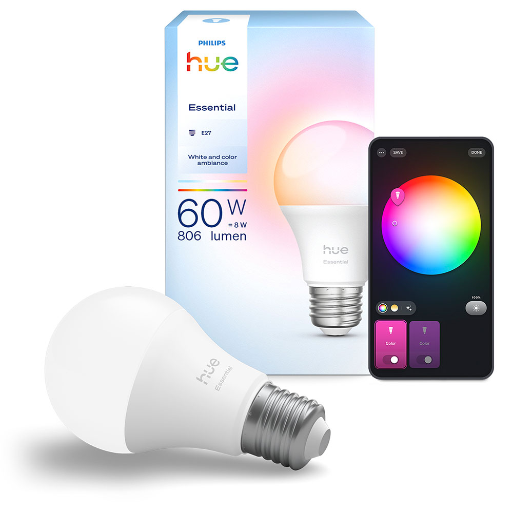 Bec LED PHILIPS HUE Essential, E27, 8W, 806lm, Wi-Fi, lumina variabila, compatibil Alexa, Google Assistant