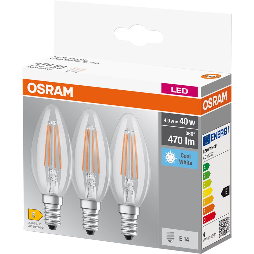 Set 3 becuri LED OSRAM filament, E14, 4W, 470lm, lumina neutra