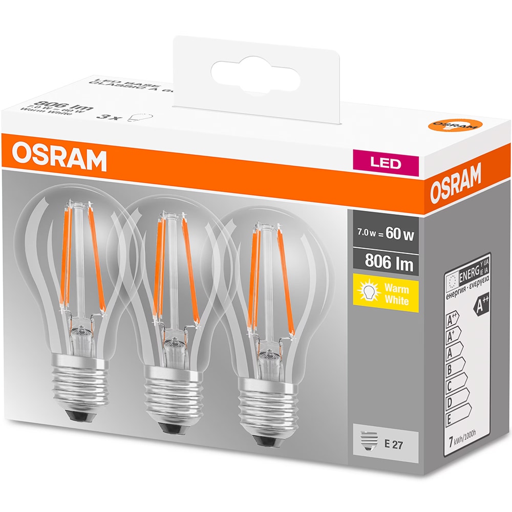 Set 3 becuri LED Osram Base Filament A60, E27, 7W, 806lm, 2700K, clasa energetica E