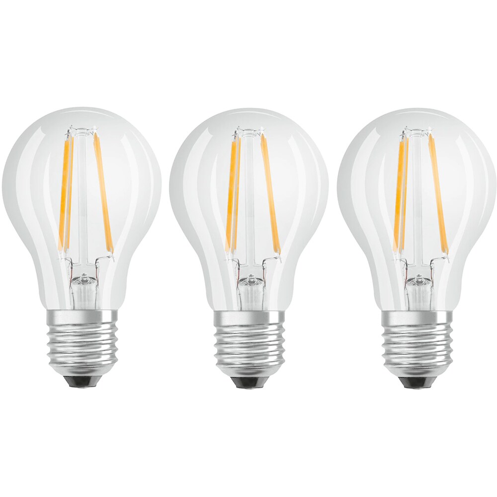 Set 3 becuri LED Osram Base Filament A60, E27, 7W, 806lm, 2700K, clasa energetica E
