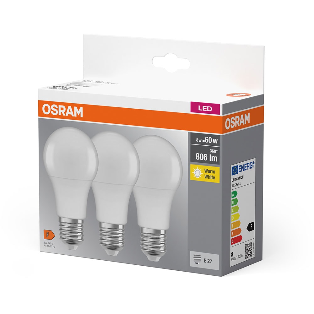Set 3 becuri LED OSRAM, E27, 8W, 806lm, lumina calda