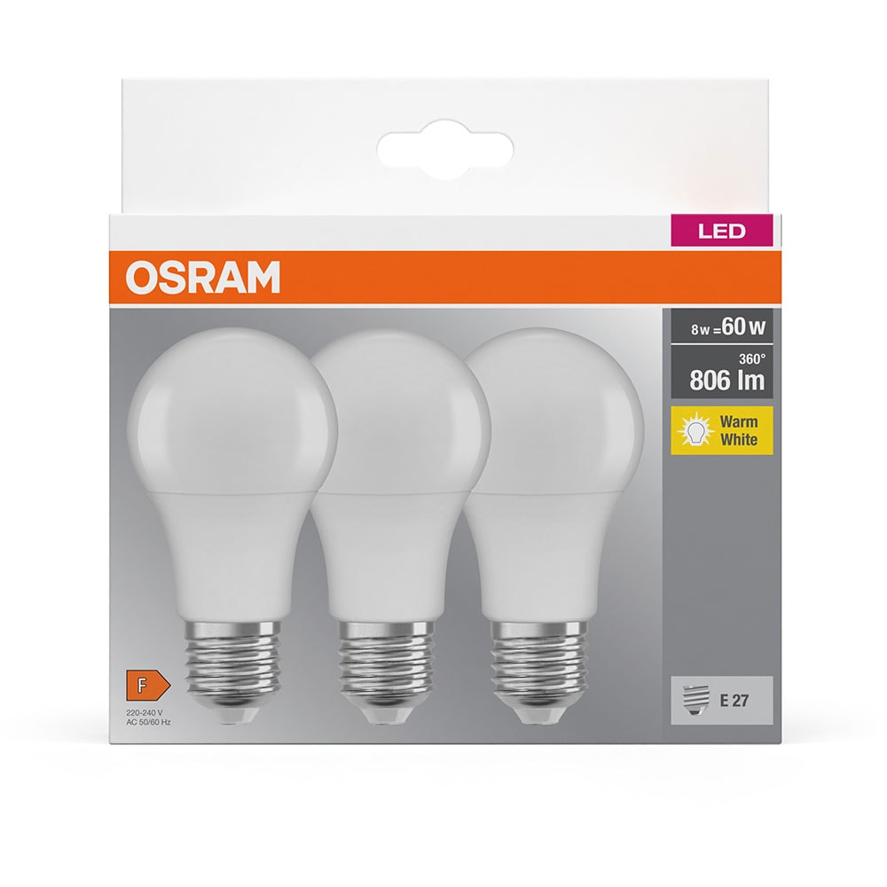 Set 3 becuri LED OSRAM, E27, 8W, 806lm, lumina calda