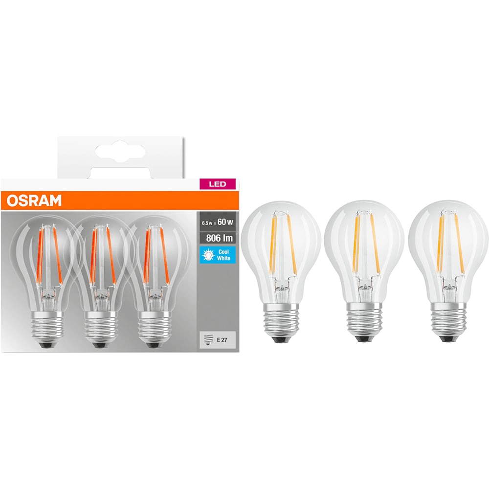 Set 3 becuri LED OSRAM Base Filament A60, E27, 6.5W, 806lm, lumina neutra