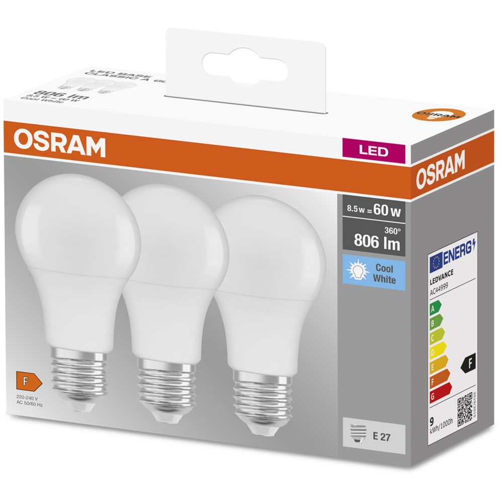 Set 3 becuri LED OSRAM, E27, 8.5W, 806lm, lumina neutra