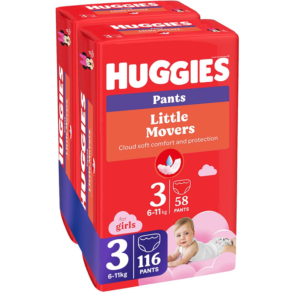 Scutece chilotel HUGGIES Little Movers Pants Mega nr 3, Fata, 6-11 kg, 116 buc